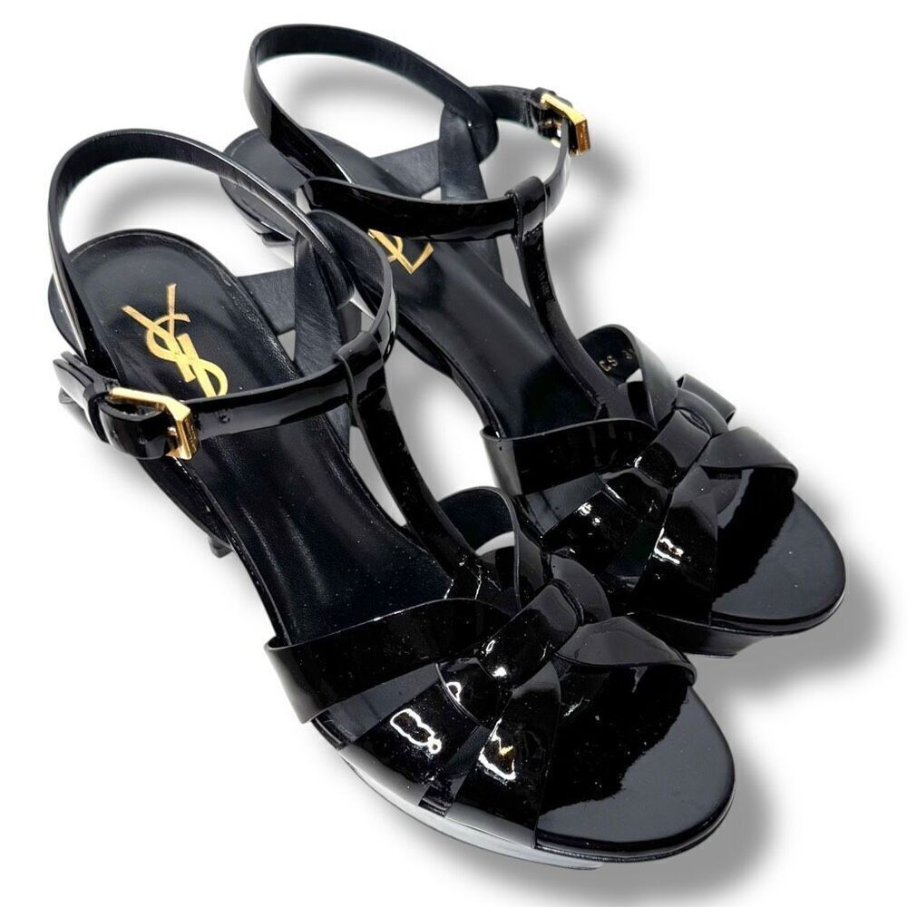 Saint Laurent Tribute Black Patent Leather Platform High Heel Sandals Size 37.5